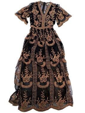 70s Attard State Dress Medium Black Gold Floral Embroidered Vintage